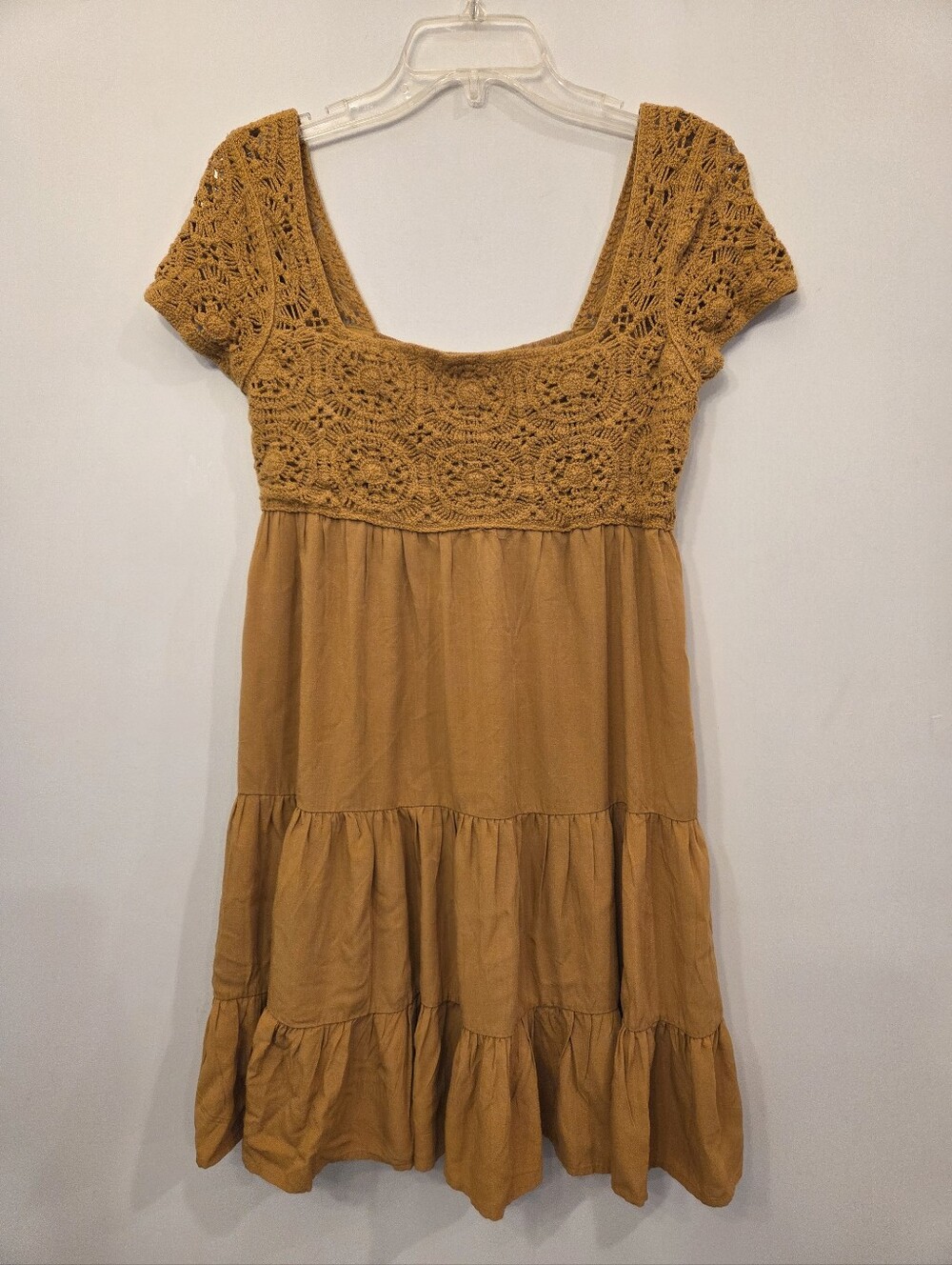 SO® crochet trim babydoll tiered dress mustard-yellow Size Medium
